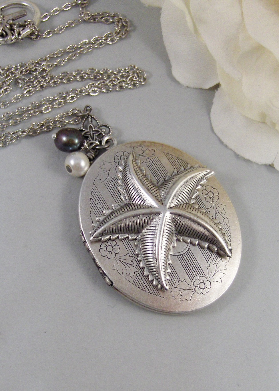 Starfish,Silver Locket,Locket, Antique Locket,Shell,Necklace,Victorian,Fish,Star,Pearl,Blue. Handmade jewelry by valleygirldesigns.