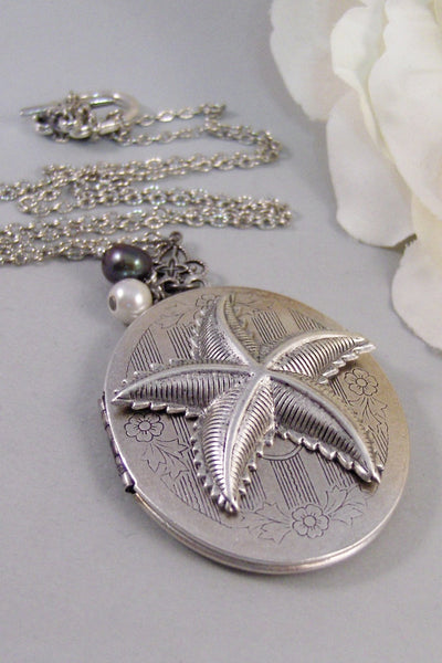 Starfish,Silver Locket,Locket, Antique Locket,Shell,Necklace,Victorian,Fish,Star,Pearl,Blue. Handmade jewelry by valleygirldesigns.