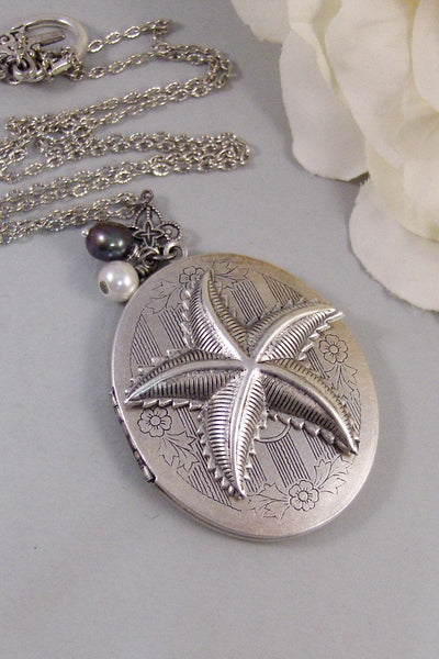 Starfish,Silver Locket,Locket, Antique Locket,Shell,Necklace,Victorian,Fish,Star,Pearl,Blue. Handmade jewelry by valleygirldesigns.