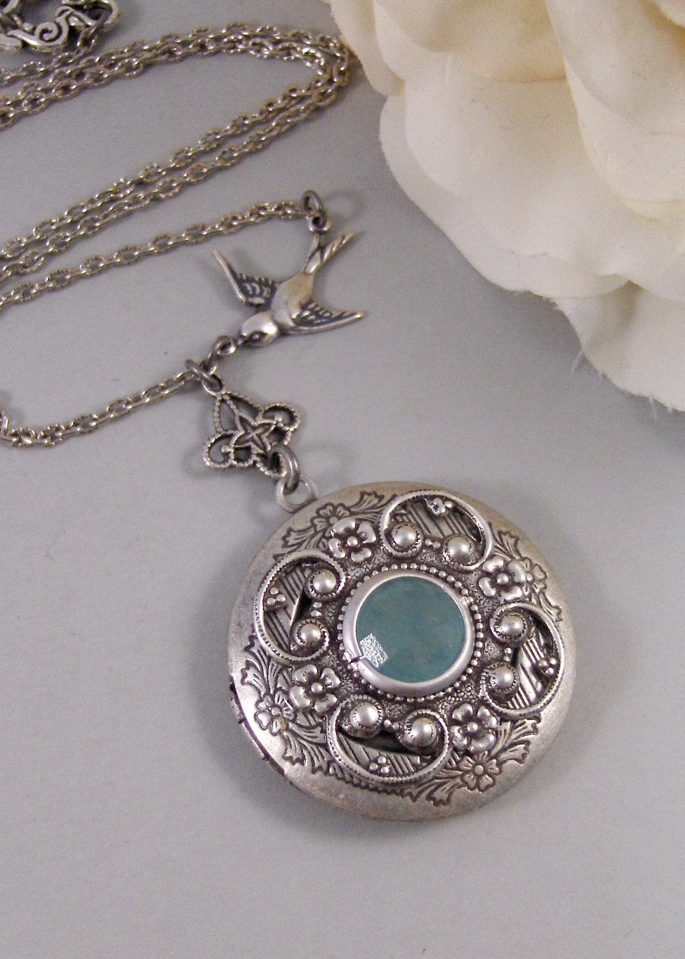 Tranquility,Locket,Aquamarine Necklace,Aquamarine Locket,Bird Necklace,Aquamarine Birthstone,Blue Stone,Blue Necklace Valleygirldesigns.