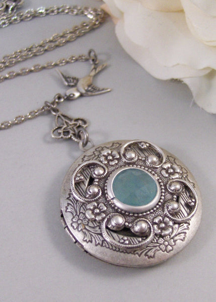 Tranquility,Locket,Aquamarine Necklace,Aquamarine Locket,Bird Necklace,Aquamarine Birthstone,Blue Stone,Blue Necklace Valleygirldesigns.