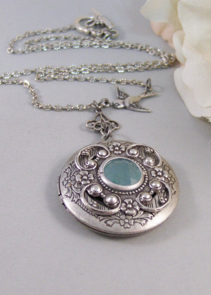 Tranquility,Locket,Aquamarine Necklace,Aquamarine Locket,Bird Necklace,Aquamarine Birthstone,Blue Stone,Blue Necklace Valleygirldesigns.