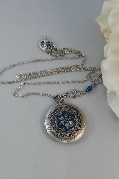 Blue Aster,Locket,Necklace,Silver,Silver Locket,Blue,Flower,Aqua,Aster,Pendant. jewelery by Valleygirldesigns.