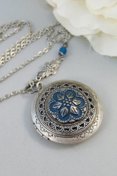 Blue Aster,Locket,Necklace,Silver,Silver Locket,Blue,Flower,Aqua,Aster,Pendant. jewelery by Valleygirldesigns.