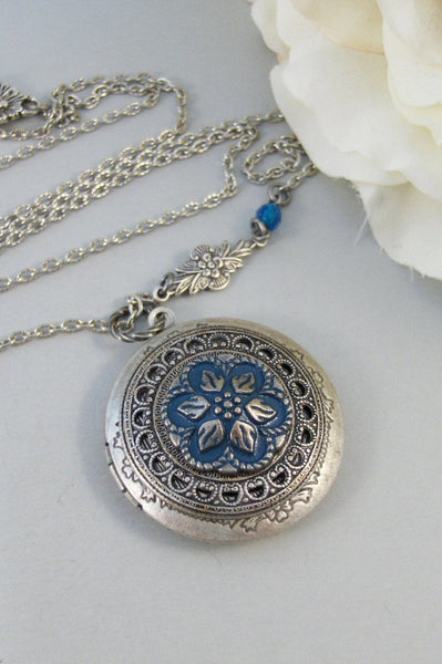 Blue Aster,Locket,Necklace,Silver,Silver Locket,Blue,Flower,Aqua,Aster,Pendant. jewelery by Valleygirldesigns.