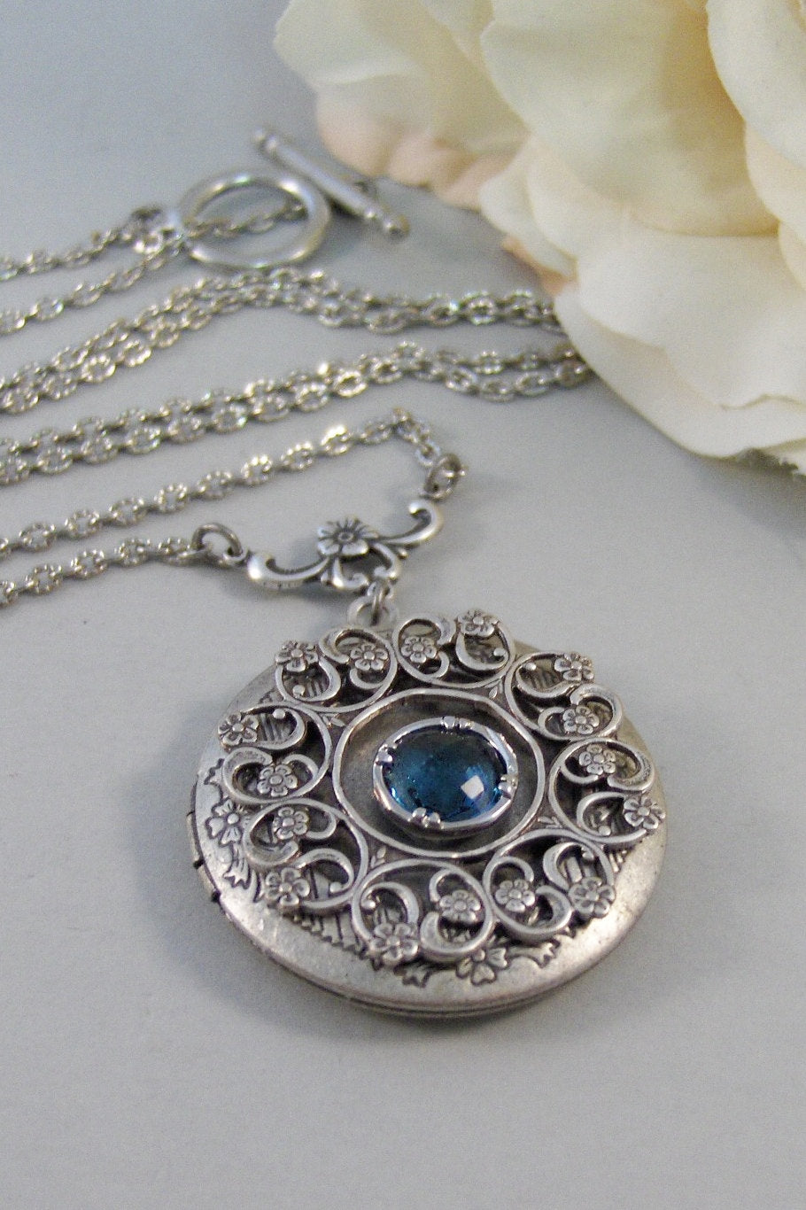 Sapphire Lace,Locket,Antique Locket,Silver Locket,Bird,Sapphire,Blue,Navy,Birthstone. Handmade jewelry by Valleygirldesigns.