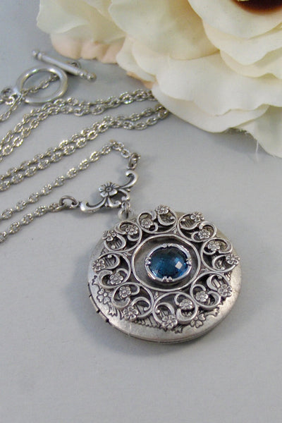 Sapphire Lace,Locket,Antique Locket,Silver Locket,Bird,Sapphire,Blue,Navy,Birthstone. Handmade jewelry by Valleygirldesigns.