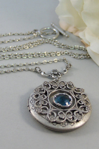 Sapphire Lace,Locket,Antique Locket,Silver Locket,Bird,Sapphire,Blue,Navy,Birthstone. Handmade jewelry by Valleygirldesigns.