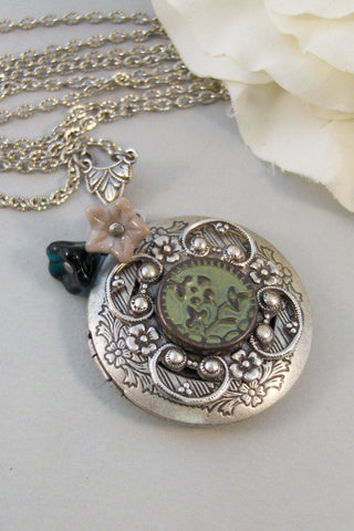 Whispering Willow,Locket,Necklace,Silver,Silver Locket,Emerald,Flower,Green,Pendant. jewelery by Valleygirldesigns.