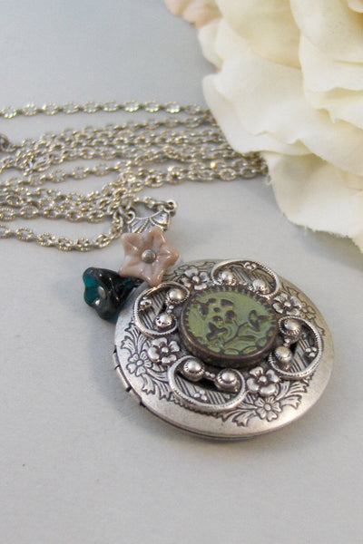 Whispering Willow,Locket,Necklace,Silver,Silver Locket,Emerald,Flower,Green,Pendant. jewelery by Valleygirldesigns.