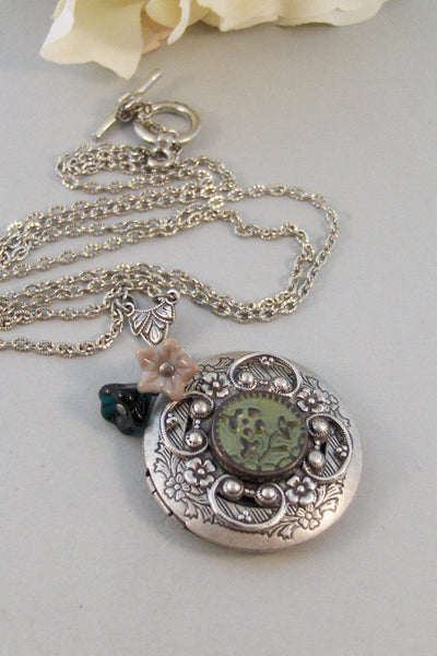 Whispering Willow,Locket,Necklace,Silver,Silver Locket,Emerald,Flower,Green,Pendant. jewelery by Valleygirldesigns.