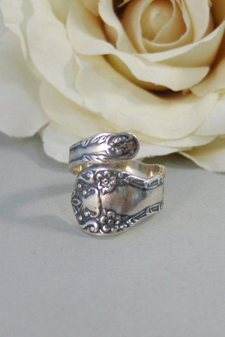 Rosey Spoon,Ring,Sterling Silver,Spoon,Spoon Ring,Antique Ring,Silver Ring,Rose,Wrapped,Adjustable. Handmade jewelery by valleygirldesigns.