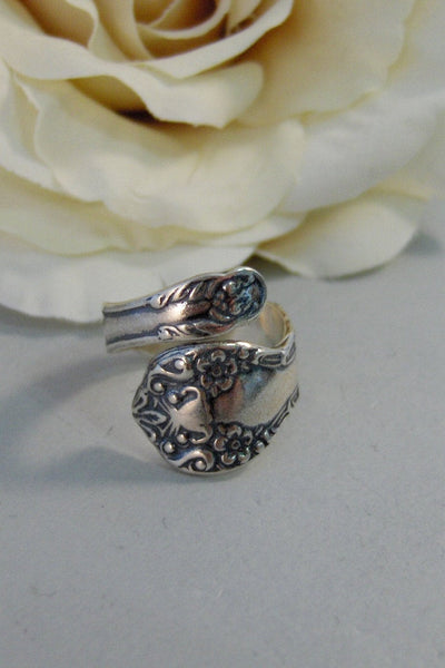 Rosey Spoon,Ring,Sterling Silver,Spoon,Spoon Ring,Antique Ring,Silver Ring,Rose,Wrapped,Adjustable. Handmade jewelery by valleygirldesigns.