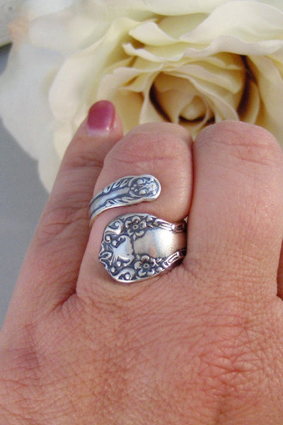 Rosey Spoon,Ring,Sterling Silver,Spoon,Spoon Ring,Antique Ring,Silver Ring,Rose,Wrapped,Adjustable. Handmade jewelery by valleygirldesigns.