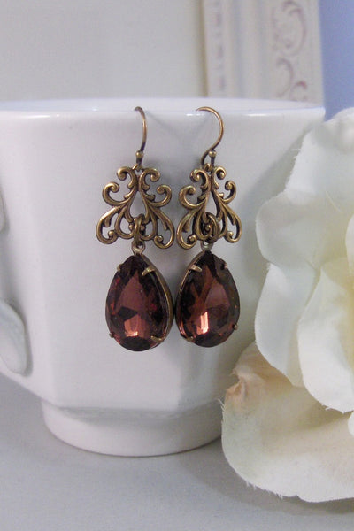 Garnet Lace,Vintage Earrings,Garnet Earrings,Brass Earrings,Garnet,Birthstone,January. Handmade Jewelry by valleygirldesigns.