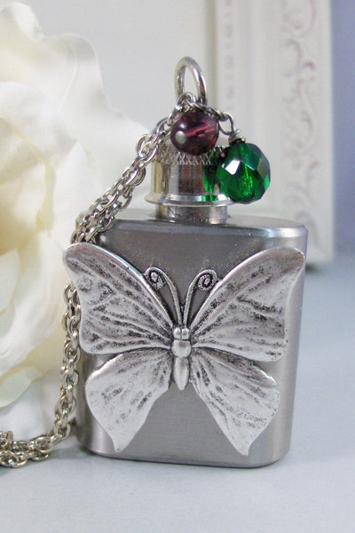 Butterfly Flask,Necklace,Flask,New Years,Drink,Bachelorette,Wedding,Butterfly,Birthstone,Personalize. jewelery by valleygirldesigns.