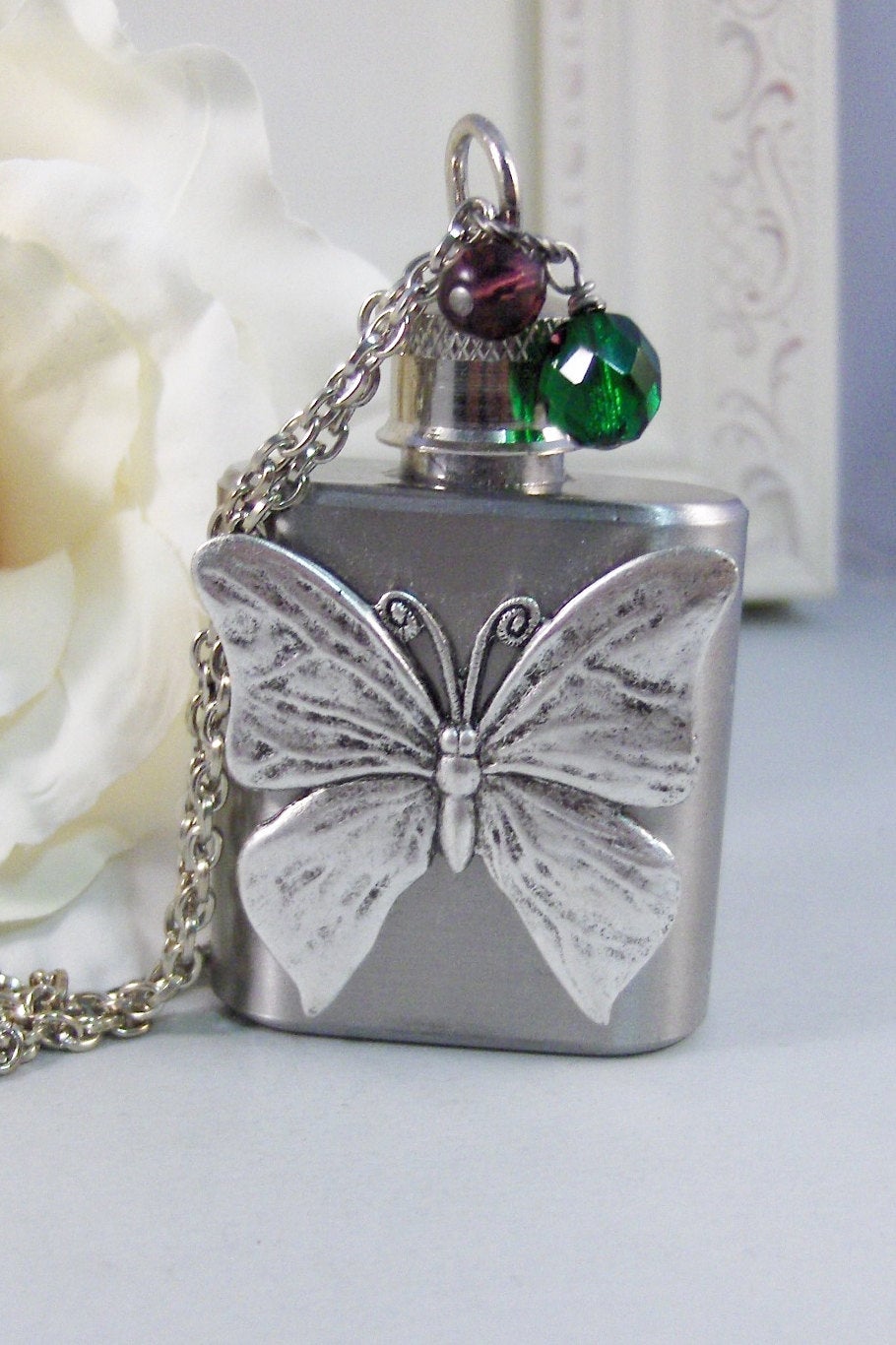 Butterfly Flask,Necklace,Flask,New Years,Drink,Bachelorette,Wedding,Butterfly,Birthstone,Personalize. jewelery by valleygirldesigns.