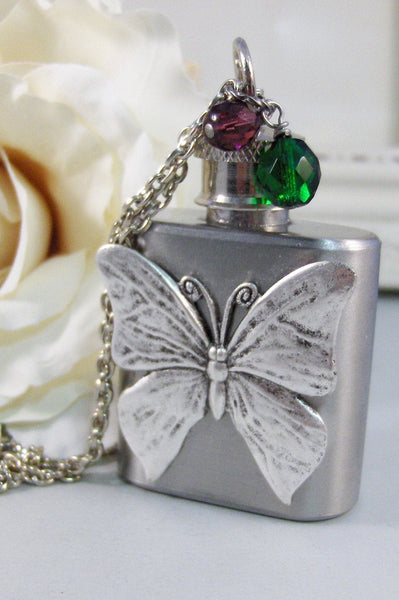 Butterfly Flask,Necklace,Flask,New Years,Drink,Bachelorette,Wedding,Butterfly,Birthstone,Personalize. jewelery by valleygirldesigns.