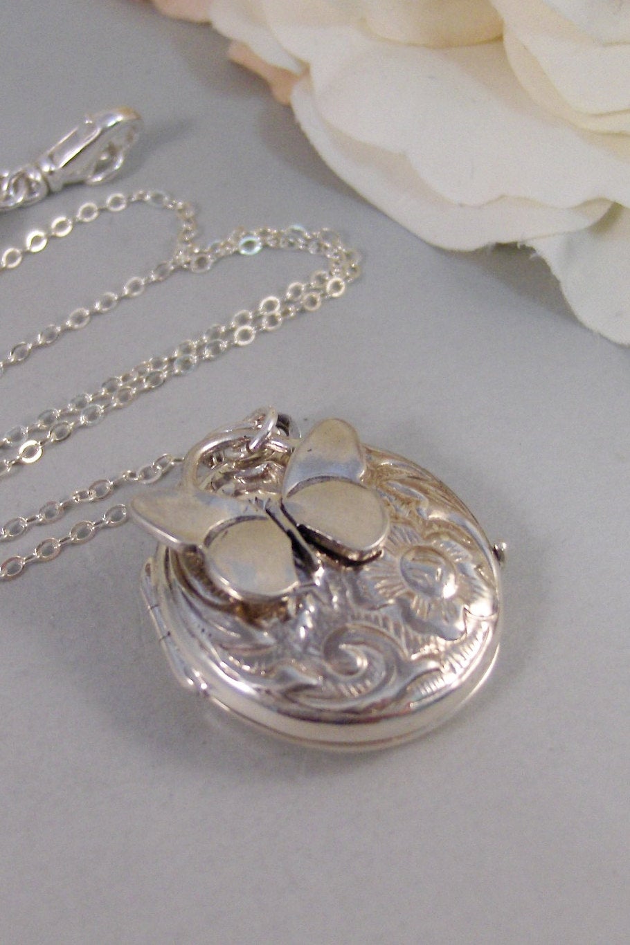 Summer Flutter,Locket,Silver Locket,Necklace,Sterling Silver Locket,Butterfly,Wing,Wedding,Leaf. Jewelry by valleygirldesigns.