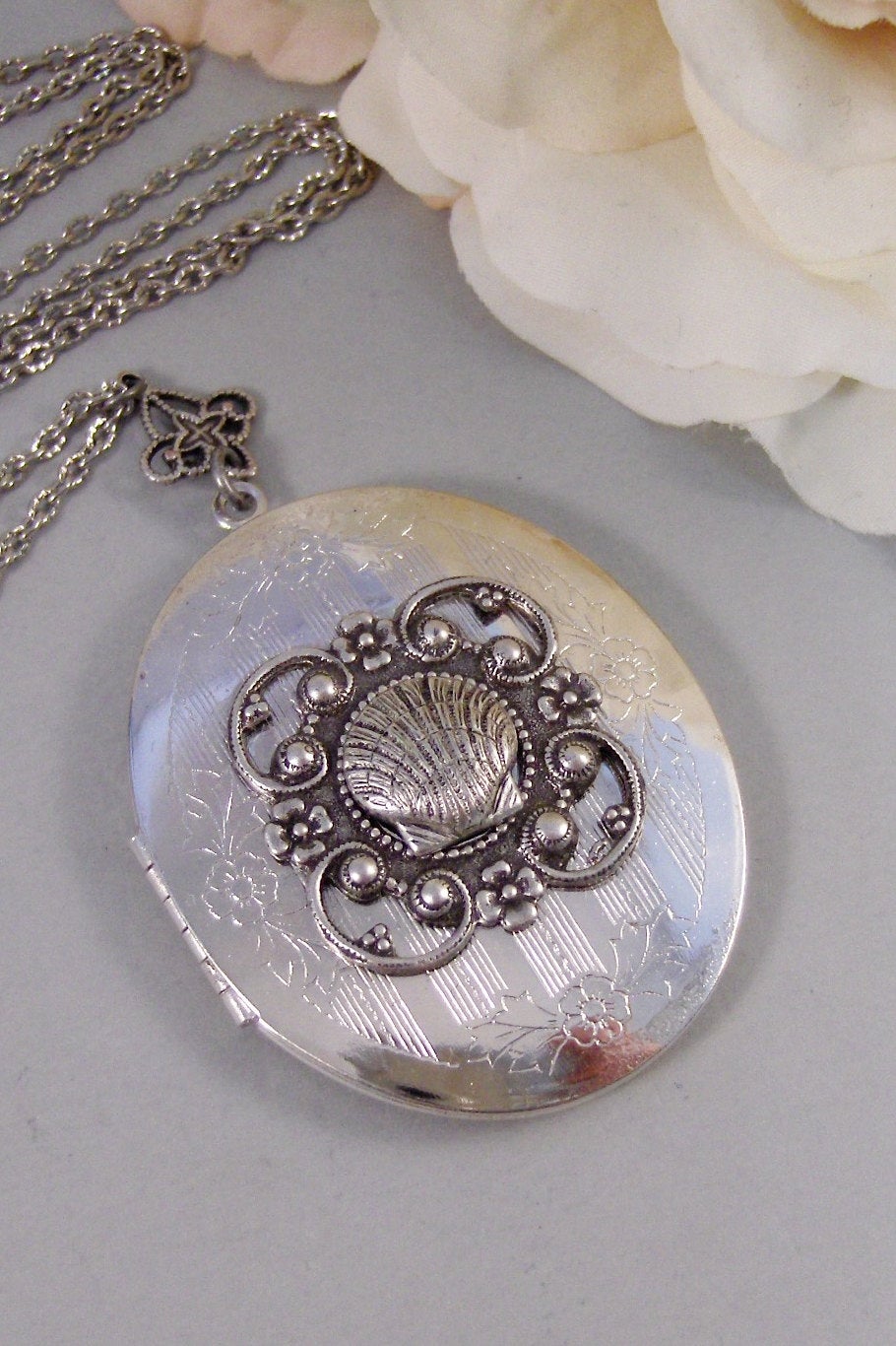 Sea Maiden,Locket,Mermaid, Shell Locket,Antique Locket,Silver Locket,Goddess,Ocean Locket,Handmade jewelry by valleygirldesigns