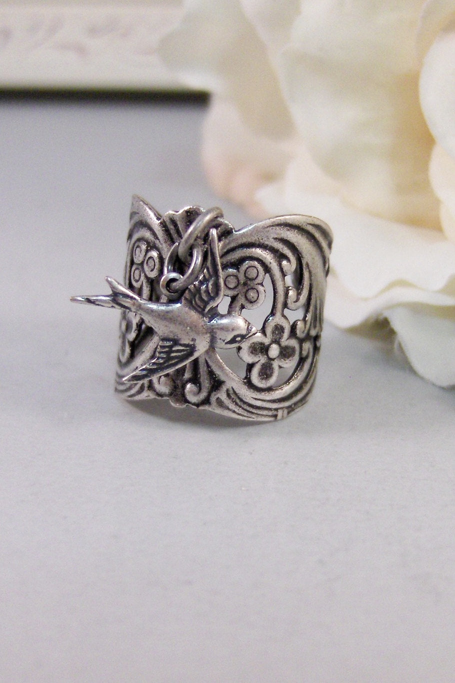 Gypsy's Saprrow,Ring,Silver,Bird,Sparrow,Antique Ring,Silver Ring,Bird Ring,Woodland,Wedding,Handmade jewelery by valleygirldesigns.