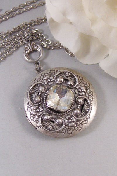 Queen Anne's Lace,Locket,Antique Locket,Silver Locket,Diamond,Vintage,Rhinestone,Birthstone. Handmade jewelry by Valleygirldesigns.