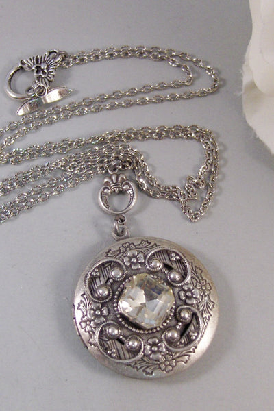 Queen Anne's Lace,Locket,Antique Locket,Silver Locket,Diamond,Vintage,Rhinestone,Birthstone. Handmade jewelry by Valleygirldesigns.