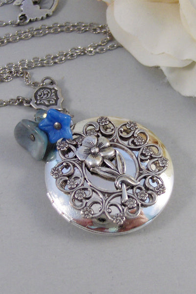 Forget Me Not,Locket,Silver Locket,Birthstone,Flower Locket.,Blossom,Bouquet Flower. Handmade Jewelry by ValleyGirlDesigns.