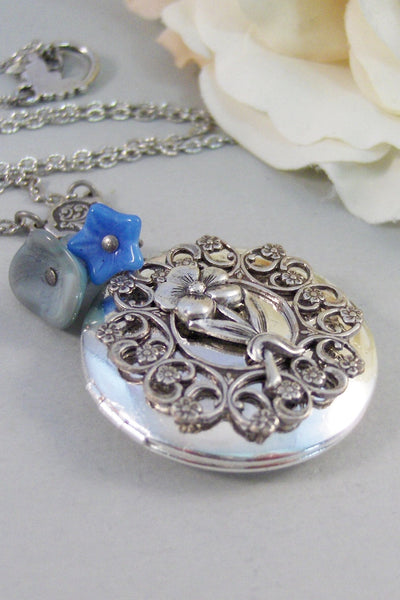 Forget Me Not,Locket,Silver Locket,Birthstone,Flower Locket.,Blossom,Bouquet Flower. Handmade Jewelry by ValleyGirlDesigns.