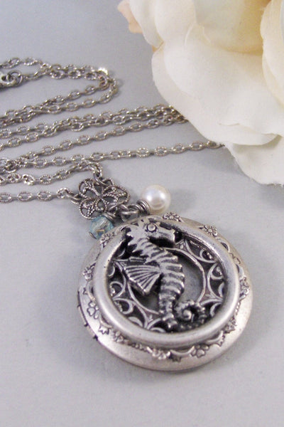 Seahorse,Locket,Sea,Horse,Ocean Locket,Antique Locket,Silver Locket,Goddess,Ocean Locket,Handmade jewelry by valleygirldesigns