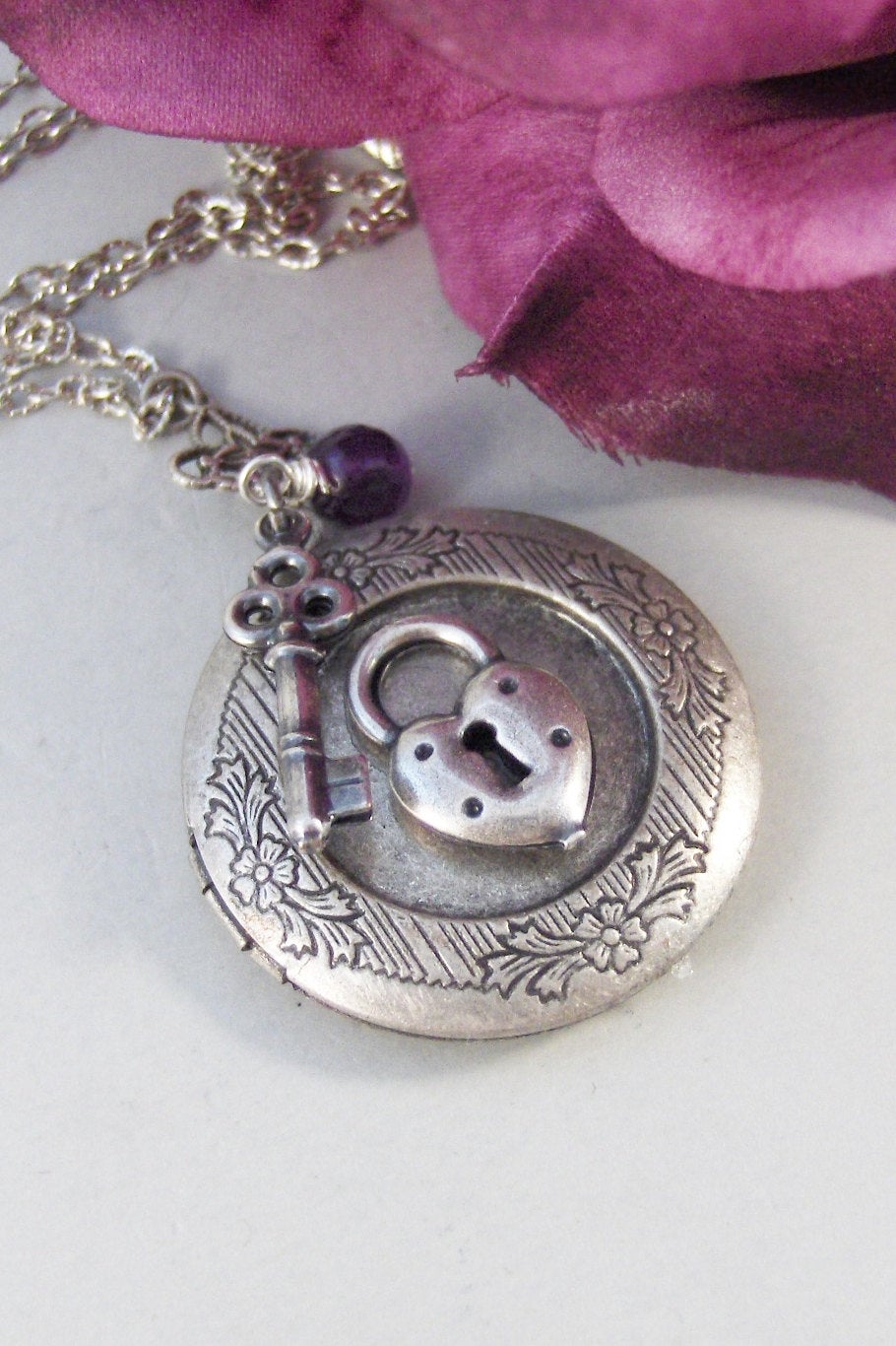 Spell Bound,Locket,Silver,Amethyst,Purple,Gem,Love,Spell,Perfume,Antique Locket,Jewelry,Scent. Handmade jewelry by valleygirldesigns.