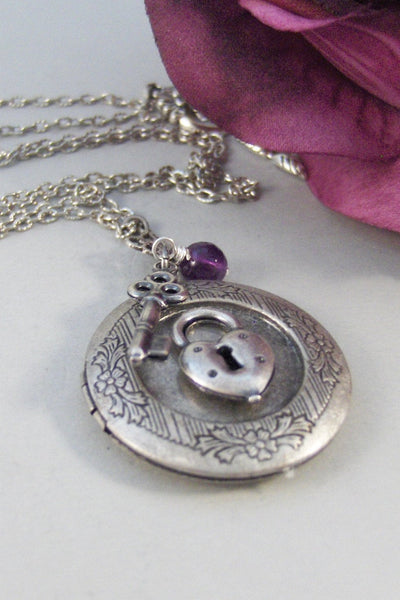 Spell Bound,Locket,Silver,Amethyst,Purple,Gem,Love,Spell,Perfume,Antique Locket,Jewelry,Scent. Handmade jewelry by valleygirldesigns.