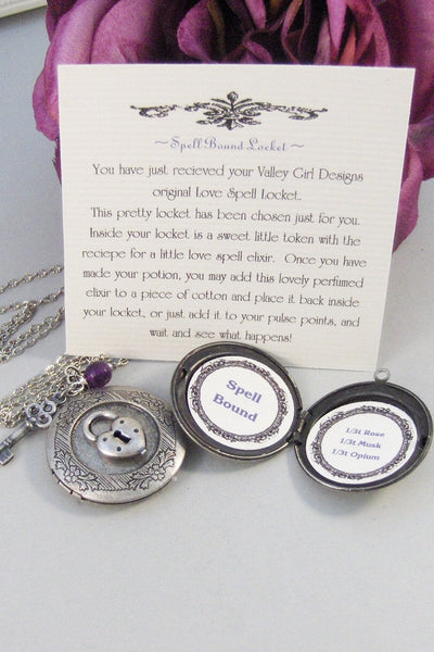 Spell Bound,Locket,Silver,Amethyst,Purple,Gem,Love,Spell,Perfume,Antique Locket,Jewelry,Scent. Handmade jewelry by valleygirldesigns.