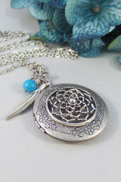 Dreamcatcher,Locket,Silver,Feather,Turquoise,Gemstone,Necklace,Antique Locket,Dream,Indian,Jewelry. Handmade jewelry by valleygirldesigns.