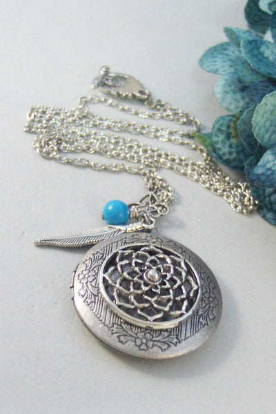 Dreamcatcher,Locket,Silver,Feather,Turquoise,Gemstone,Necklace,Antique Locket,Dream,Indian,Jewelry. Handmade jewelry by valleygirldesigns.