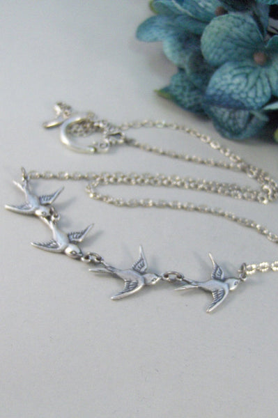 Birdies in Flight,Necklace,Antique Necklace,Silver Necklace,Wing,Silver Necklace,Bird,Sparrow,Woodland,Bride,Wedding. valleygirldesigns.