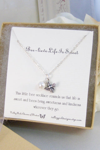 Beelieve Life Is Sweet,Necklace,Silver,Bee Necklace,Bracelet, Bee,Birthstone,Sterling ,Personalize,Pearl,Bride,Wedding. valleygirldesigns.