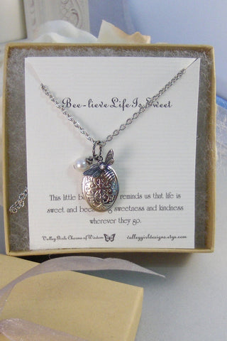 Beelieve Life Is Sweet,Necklace,Locket,Silver,Bee Necklace,Bee,Birthstone,Personalize,Silver Locket,Antique.Jewelry by valleygirldesigns.