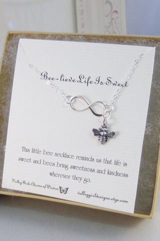 Beelieve Life Is Sweet,Necklace,Bracelet,Infinity Necklace,Bee Infinity,Silver,Bee Necklace,Bee,Infinity,Infinite,Jewelry valleygirldesigns.