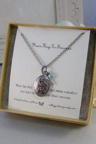 Key To Your Success,Necklace,Locket,Silver,Key Necklace,Key,Birthstone,Personalize,Silver Locket,Antique.Jewelry by valleygirldesigns.