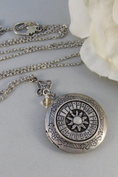 Silver Sundial,Silver Locket,Locket, Antique,Compass,Sundial,Sun,Watch,Steampunk,Citrine,Jewelry. Handmade jewelry by valleygirldesigns.