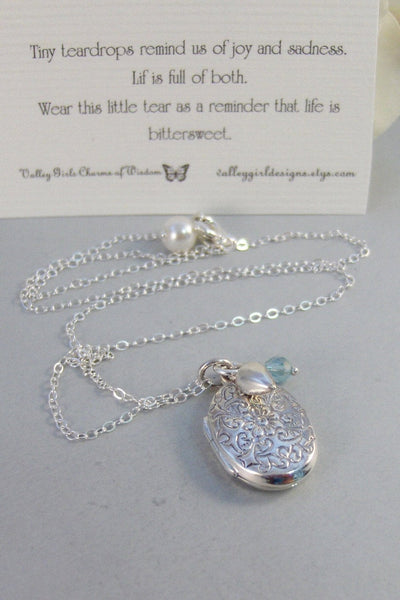 Silver Teardrop,Necklace,Locket,Silver,Mourning,Mourning Locket,Birthstone,Personalize,Silver Locket,Tear,Tiffany.Jewelry valleygirldesigns.