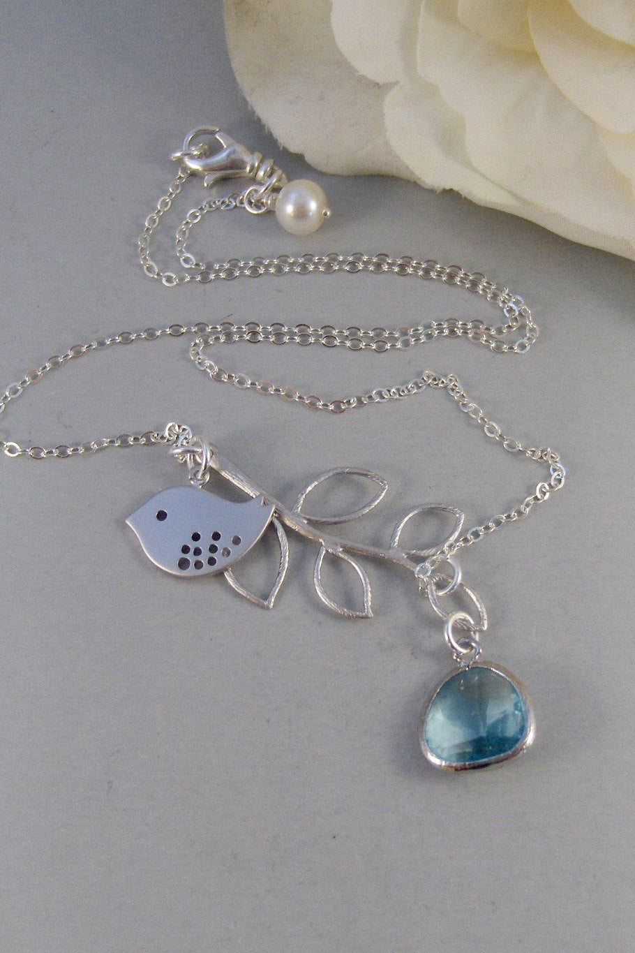 Summer Tree,Necklace,Sterling Silver,Aquamarine,Bird,Bird Necklace,Silver Necklace,Branch,Bride,Wedding,Birthstone.Jewelry valleygirldesigns