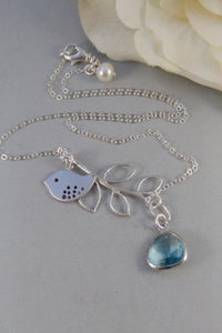 Summer Tree,Necklace,Sterling Silver,Aquamarine,Bird,Bird Necklace,Silver Necklace,Branch,Bride,Wedding,Birthstone.Jewelry valleygirldesigns