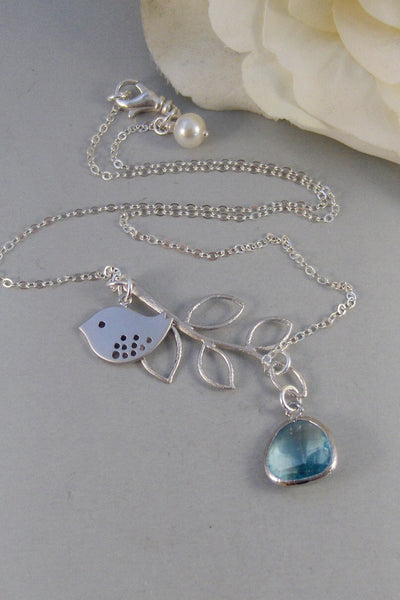 Summer Tree,Necklace,Sterling Silver,Aquamarine,Bird,Bird Necklace,Silver Necklace,Branch,Bride,Wedding,Birthstone.Jewelry valleygirldesigns