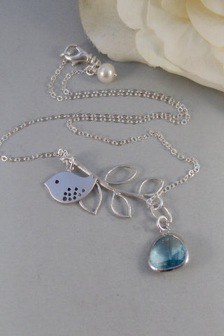 Summer Tree,Necklace,Sterling Silver,Aquamarine,Bird,Bird Necklace,Silver Necklace,Branch,Bride,Wedding,Birthstone.Jewelry valleygirldesigns