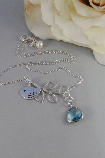 Summer Tree,Necklace,Sterling Silver,Aquamarine,Bird,Bird Necklace,Silver Necklace,Branch,Bride,Wedding,Birthstone.Jewelry valleygirldesigns