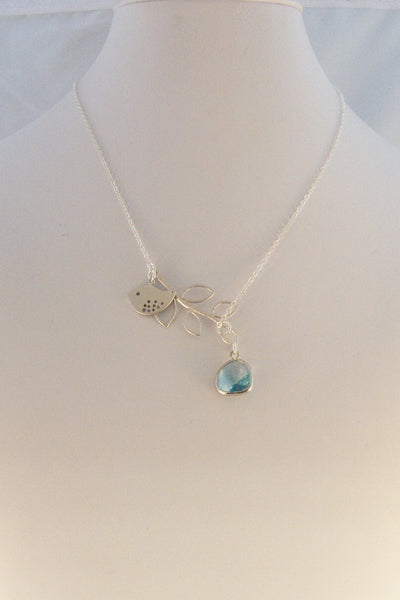 Summer Tree,Necklace,Sterling Silver,Aquamarine,Bird,Bird Necklace,Silver Necklace,Branch,Bride,Wedding,Birthstone.Jewelry valleygirldesigns
