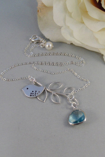 Summer Tree,Necklace,Sterling Silver,Aquamarine,Bird,Bird Necklace,Silver Necklace,Branch,Bride,Wedding,Birthstone.Jewelry valleygirldesigns