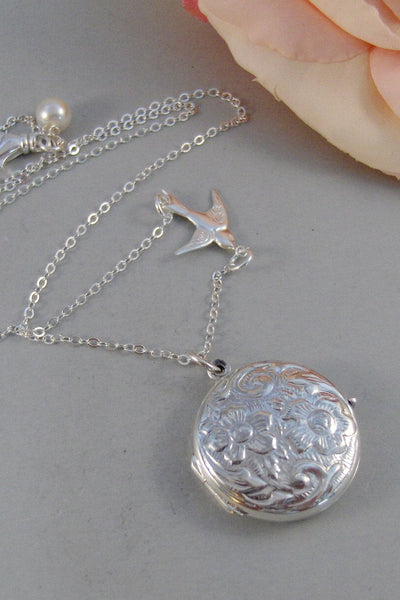 Alouette,Locket,Silver Locket,Sterling Silver Locket,Sterling Silver,Bird,Bird Necklace,Wedding Jewelry. ewelry by valleygirldesigns.